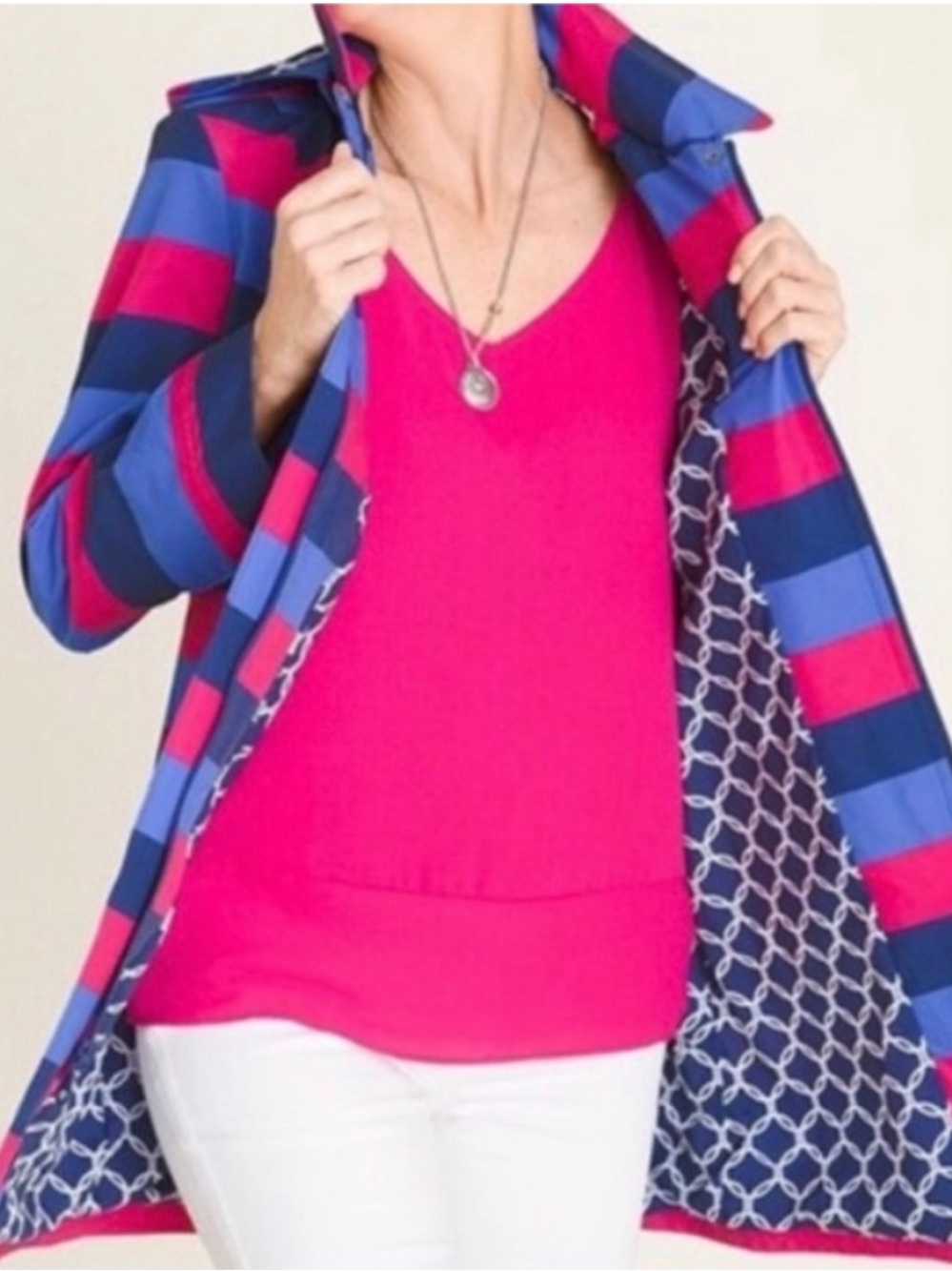 Chico’s NEW Hooded Striped Snap Front Raincoat Hot Pink Blue Women 12-14 Chico 2
